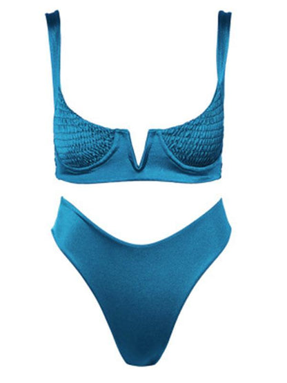 Pleated Plain Sexy Bikinis Swimwear