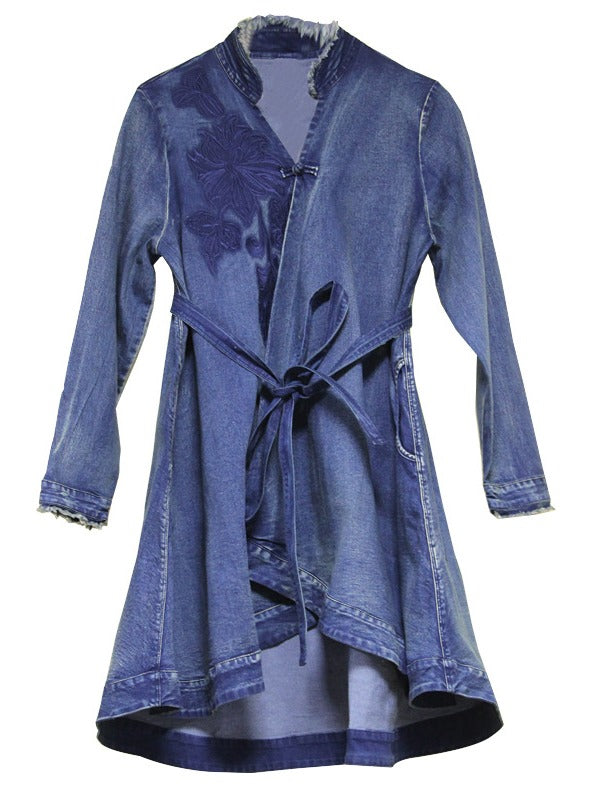 Embroidered Cropped Belted Jean Coat