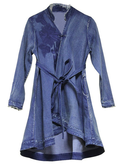 Embroidered Cropped Belted Jean Coat