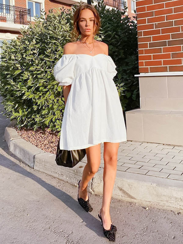 Stylish Split-Joint Pleated Puff Sleeves A-Line Mini Dress