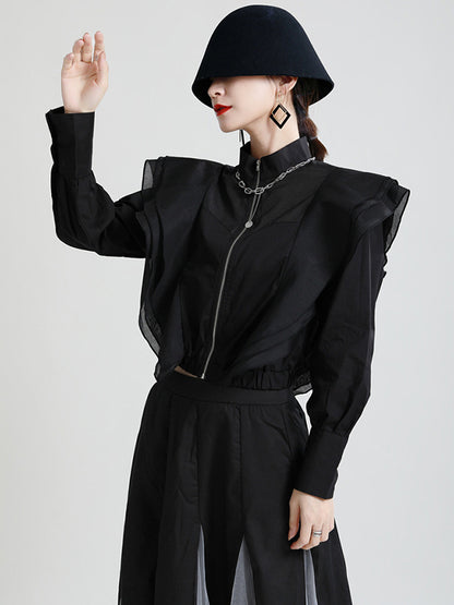 Stylish Solid Color Split-Joint Mesh Falbala Zipper Stand Collar Long Sleeves Outwear