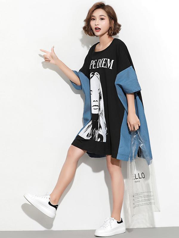 New Loose  Printed Split-joint Cartoon  T-Shirt Dress