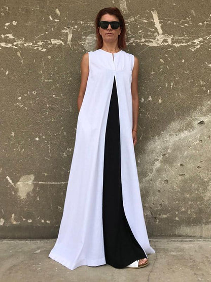 White&Black Split-joint Sleeveless Linen Long Dress
