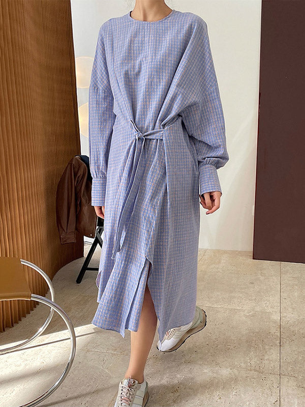 Urban Asymmetric Plaid Round-Neck Batwing Sleeve Shirt Dress