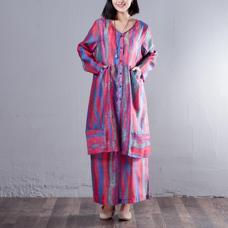 Casual Two-Piece V Neck Single Breasted Shirt Colorful Pant