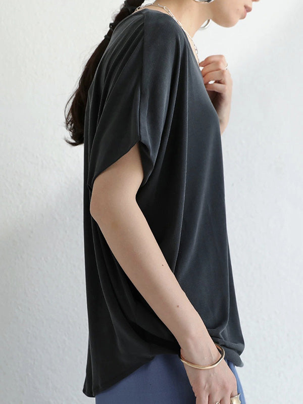 Simple Solid Color Batwing Sleeves V-Neck Shirts