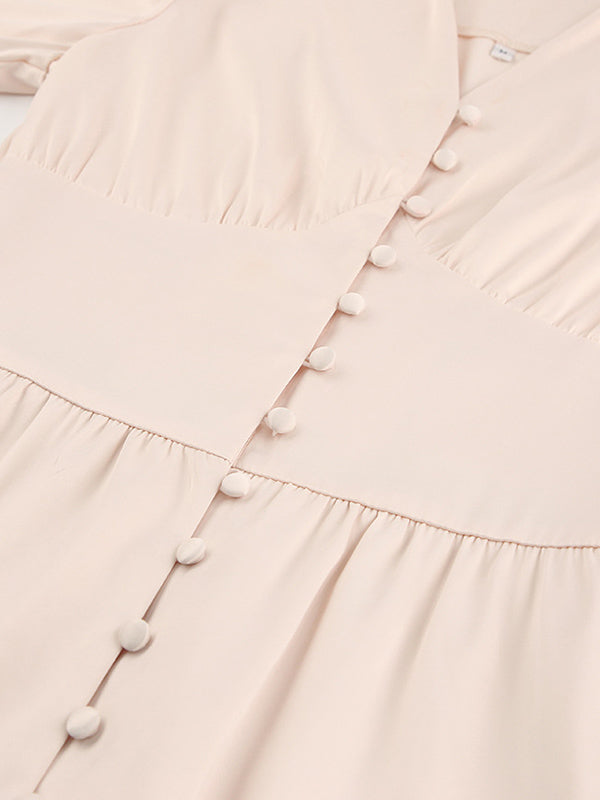 Urban Buttoned Split-Front High Waisted Puff Sleeve A-Line Midi Dress