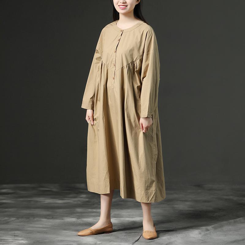Cotton Khaki Casual Shoulder Sleeves Long Dresses