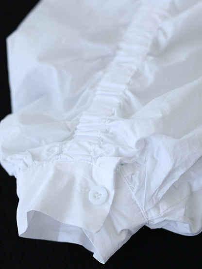 Simple Split-Joint Pleated Buttoned Lapel Collar Long Sleeves Blouses