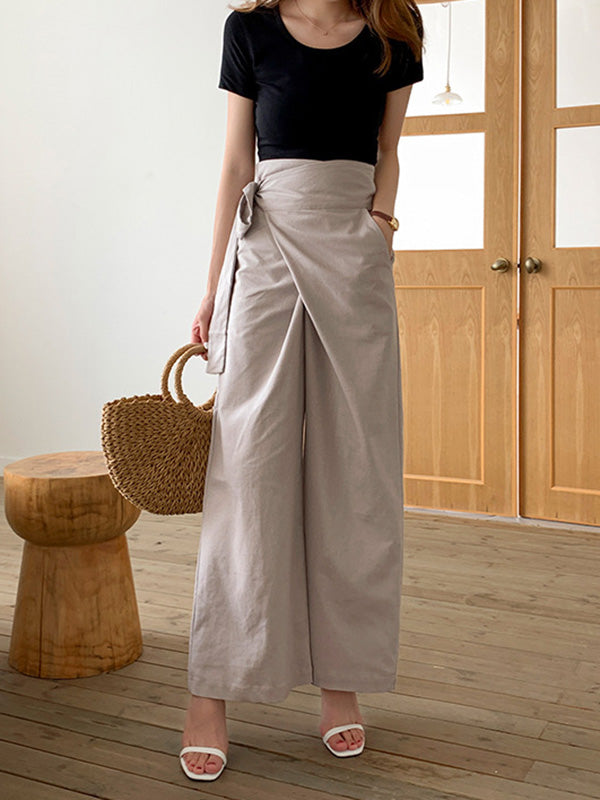 Simple 9 Colors Ramie Cotton Tied High-Waisted Pants
