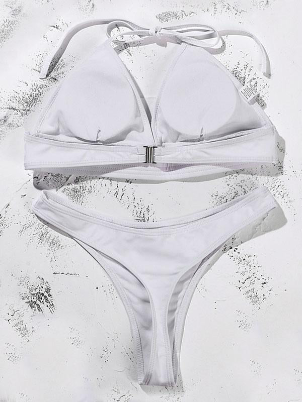 Solid Color Triangles Bandage Split Bikini Swimsuit