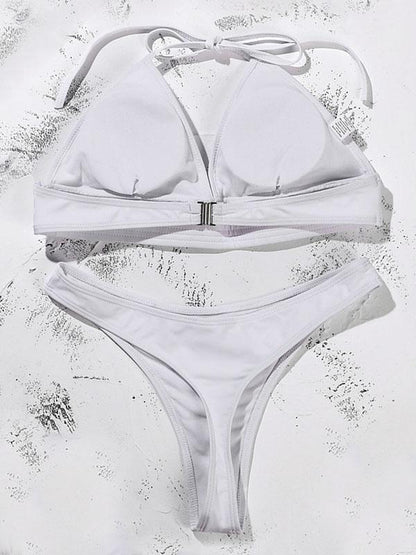 Solid Color Triangles Bandage Split Bikini Swimsuit