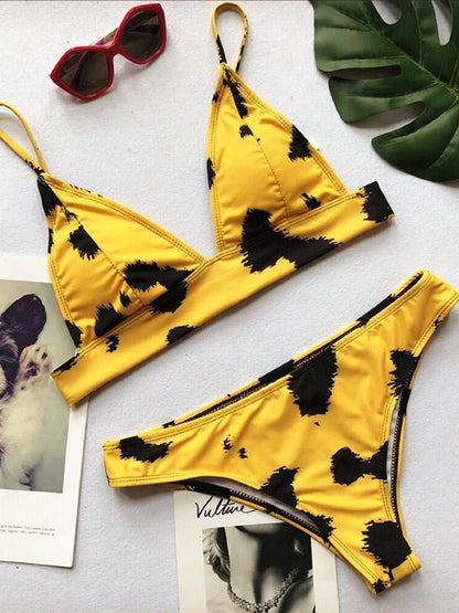 Yellow Printed Dull Bandage Bikinis Swimwear