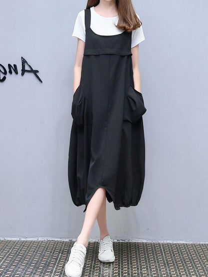 Loose Oversize White T-Shirt + Split-front Braces Dress
