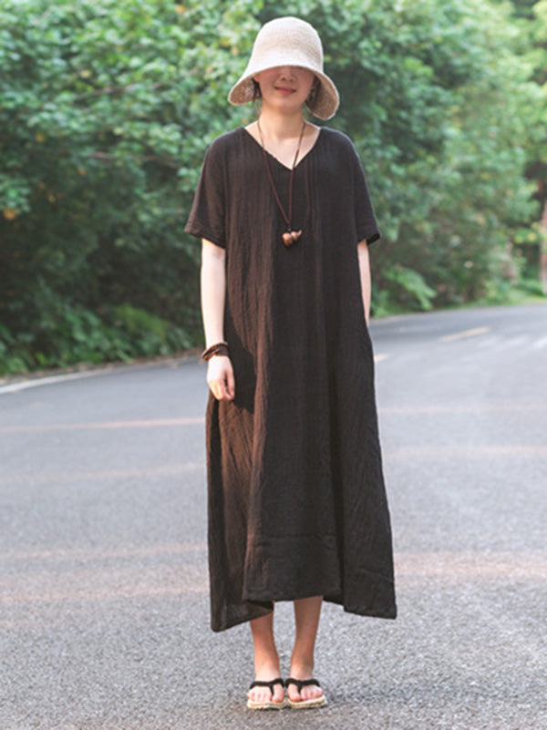 Simple Ramie Cotton V-Neck Short Sleeve Midi Dress