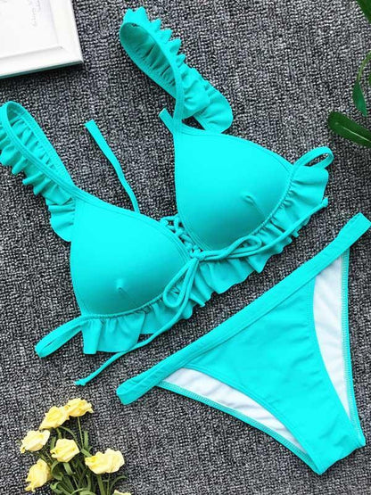 Lace Up Falbala Bikinis Swimwear