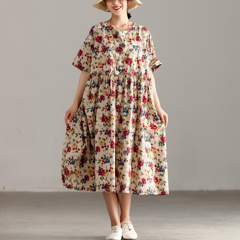 Casual Short Sleeve Pockets Floral Lacing Pleated Dress