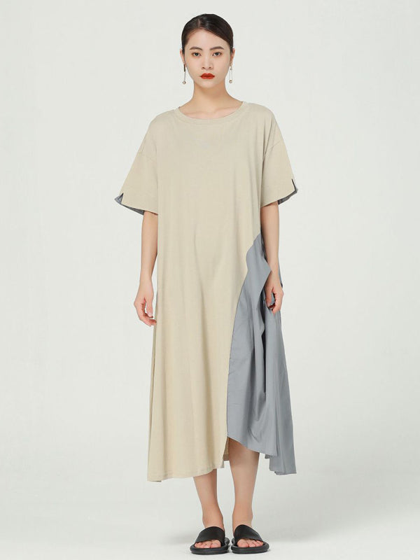 Stylish Asymmetric Split-Joint Round-Neck Loose Short Sleeves Midi Dress