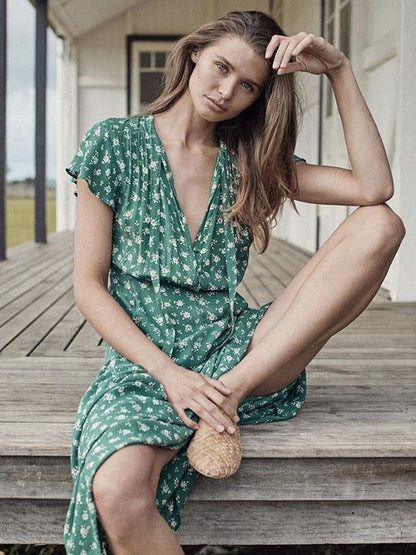 Printed Bow-embellished V-neck Maxi Dress