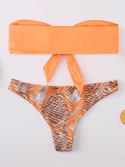 Strapless Knotted Snake Pattern Bikini Swimsuit