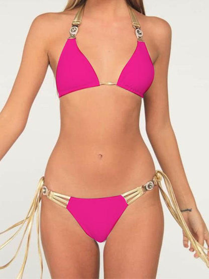Gorgeous Embellished Triangles Bandage Split Bikini Swimsuit