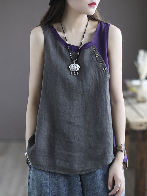 Leisure Split-Joint Linen Contrast Color Round-Neck Vest