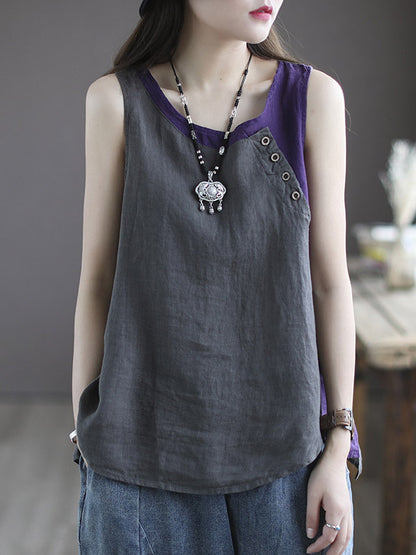 Leisure Split-Joint Linen Contrast Color Round-Neck Vest