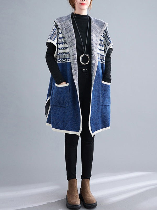 Artistic Retro Loose Casual With Pocket Hooded Short Sleeves Cardigan Outwear