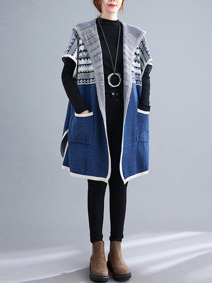 Artistic Retro Loose Casual With Pocket Hooded Short Sleeves Cardigan Outwear