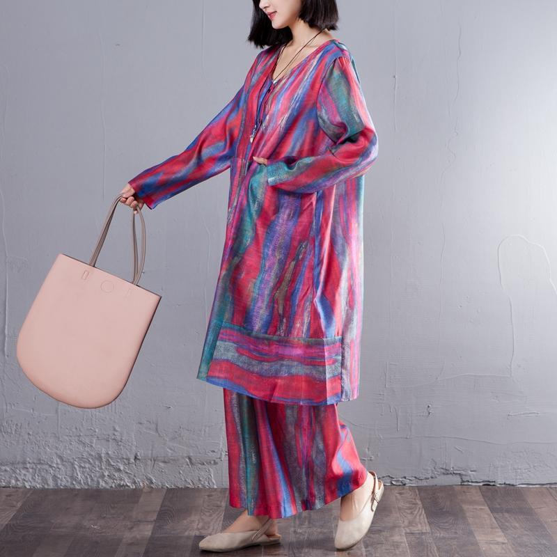 Casual Two-Piece V Neck Single Breasted Shirt Colorful Pant