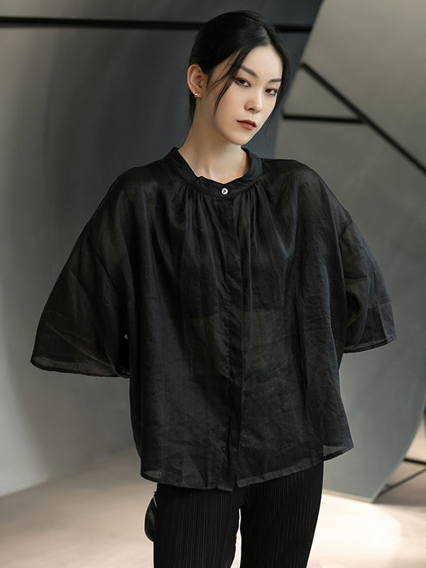 Linen Black&White Round-Neck Flared Sleeves T-Shirt