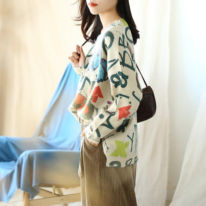 Buykud Butterfly Print High Low Hem Pullover Sweater