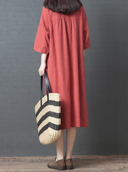Casual Striped Cotton Long Shirt Dress