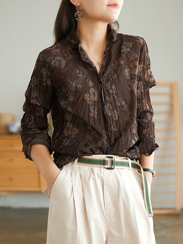 Vintage Printed Buttoned Pleated Lapel Long Sleeves Blouse Tops
