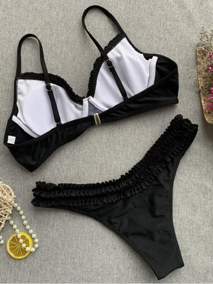 Sexy Spaghetti-Neck  Lace Solid Color Steel-Belted Bikini
