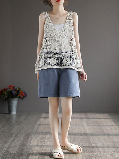 Stylish Solid Color Embroidered V-Neck Vest Tops