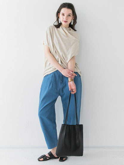 Casual Irregular Solid Color Pleated Heaps Collar Short Sleeves T-Shirt