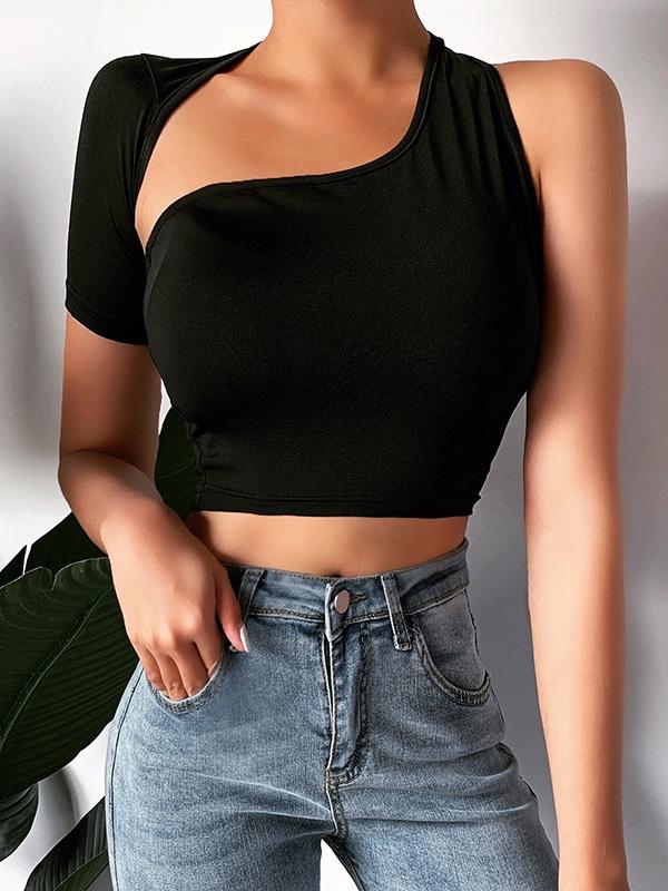 Sexy Solid Cropped One-Shoulder Vest Top