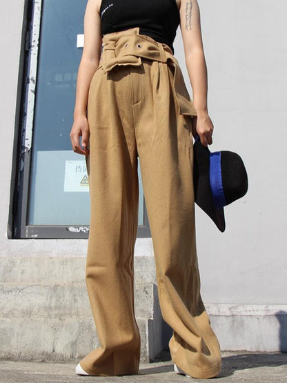 PERSONALITY BELT EMPIRE WOOLEN WIDE LEG PANTS - Zebrant