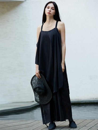 Simple Black Split-joint Split-side Long Dress