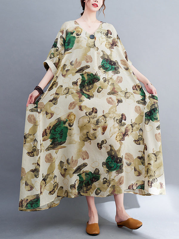 Artistic Retro Loose Floral Printed Ramie Cotton Midi Dress