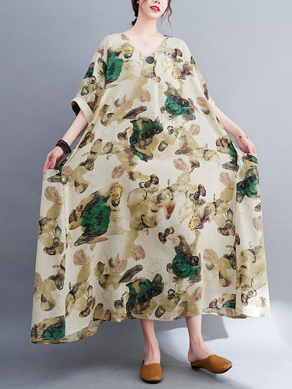 Artistic Retro Loose Floral Printed Ramie Cotton Midi Dress