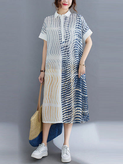 Original Printing Lapel Short Sleeve Split-Joint Shirt Dress