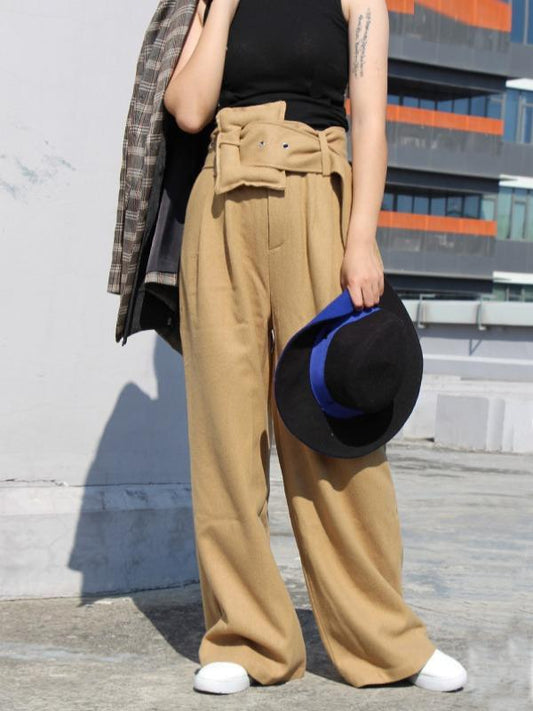 PERSONALITY BELT EMPIRE WOOLEN WIDE LEG PANTS - Zebrant