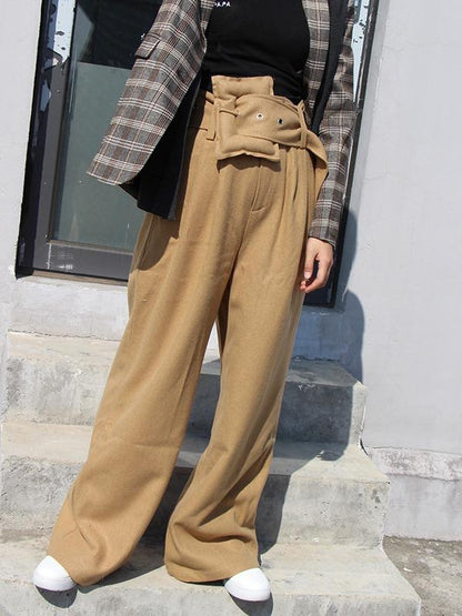 PERSONALITY BELT EMPIRE WOOLEN WIDE LEG PANTS - Zebrant
