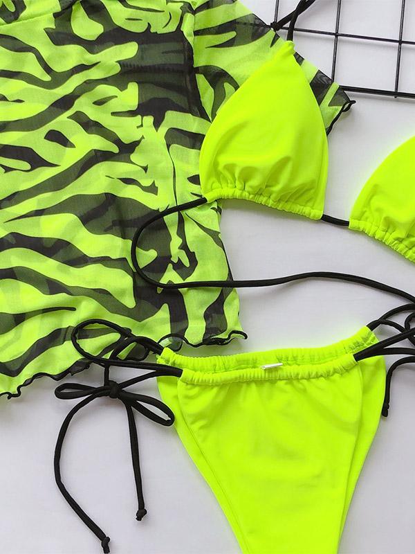 Three-Piece Printed Half-Sleeve Split Bikini Swimsuit