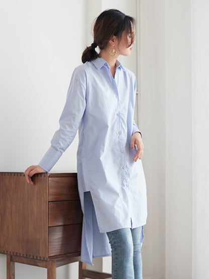 Simple Solid Color Buttoned Split-Side Lapel Collar Long Sleeves Blouse