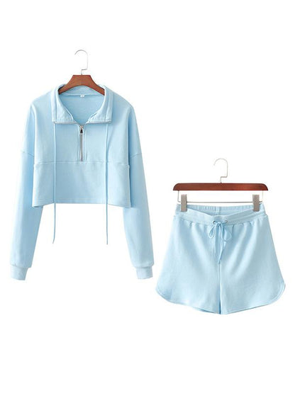 Solid Color Loose Zipper Sweatshirt&Shorts Suits