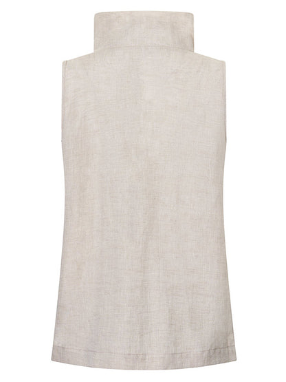 Vintage Ramie Cotton Split-Side Sleeveless Stand Collar Vest Top