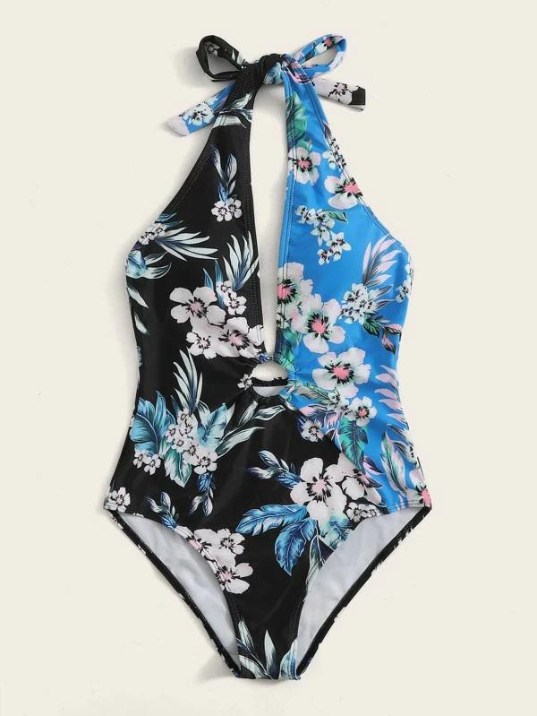 Split-Joint Floral-Print One-Piece Swimwear